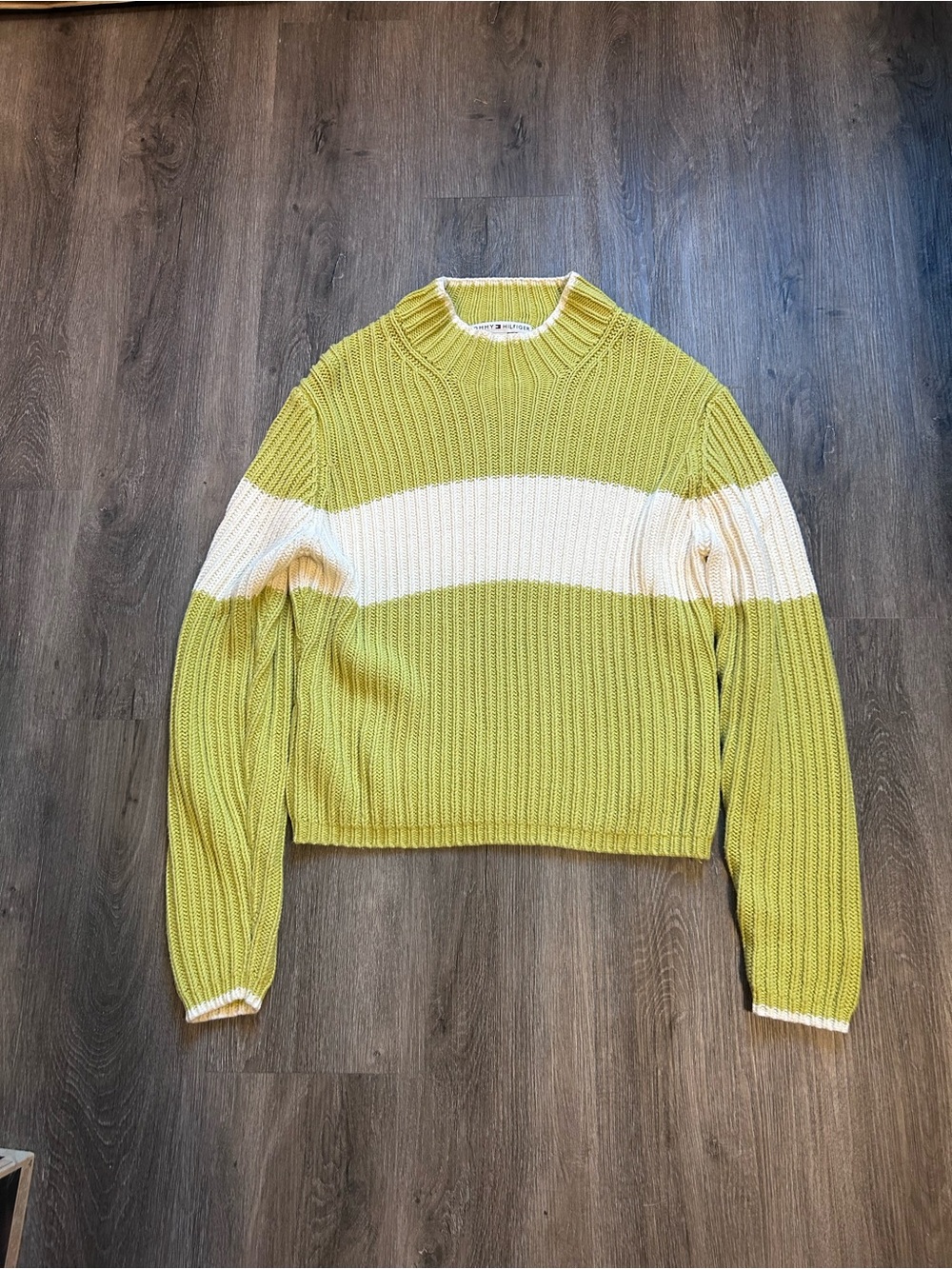 Tommy Hilfiger Chunky Ribbed Knit Mock Neck Striped Sweater Green Sz XL Y2K 90s